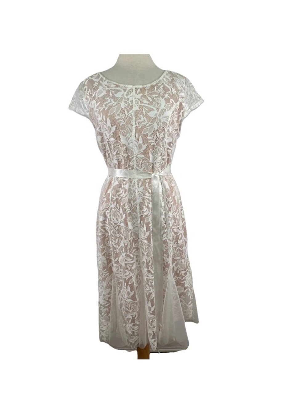 Candalite Size Large White Lace Cocktail Dress Cap Sleeve Mermaid Stretch Lined